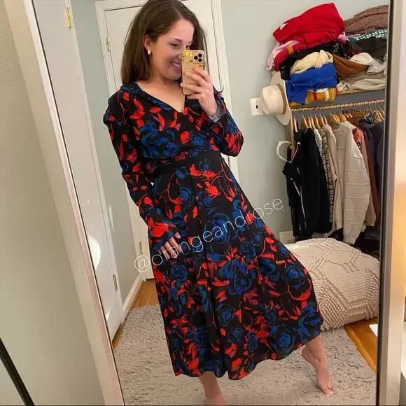 Hunter Bell New York Blue Red Black Floral V Neck Long Sleeve Maxi Dress Gown 2